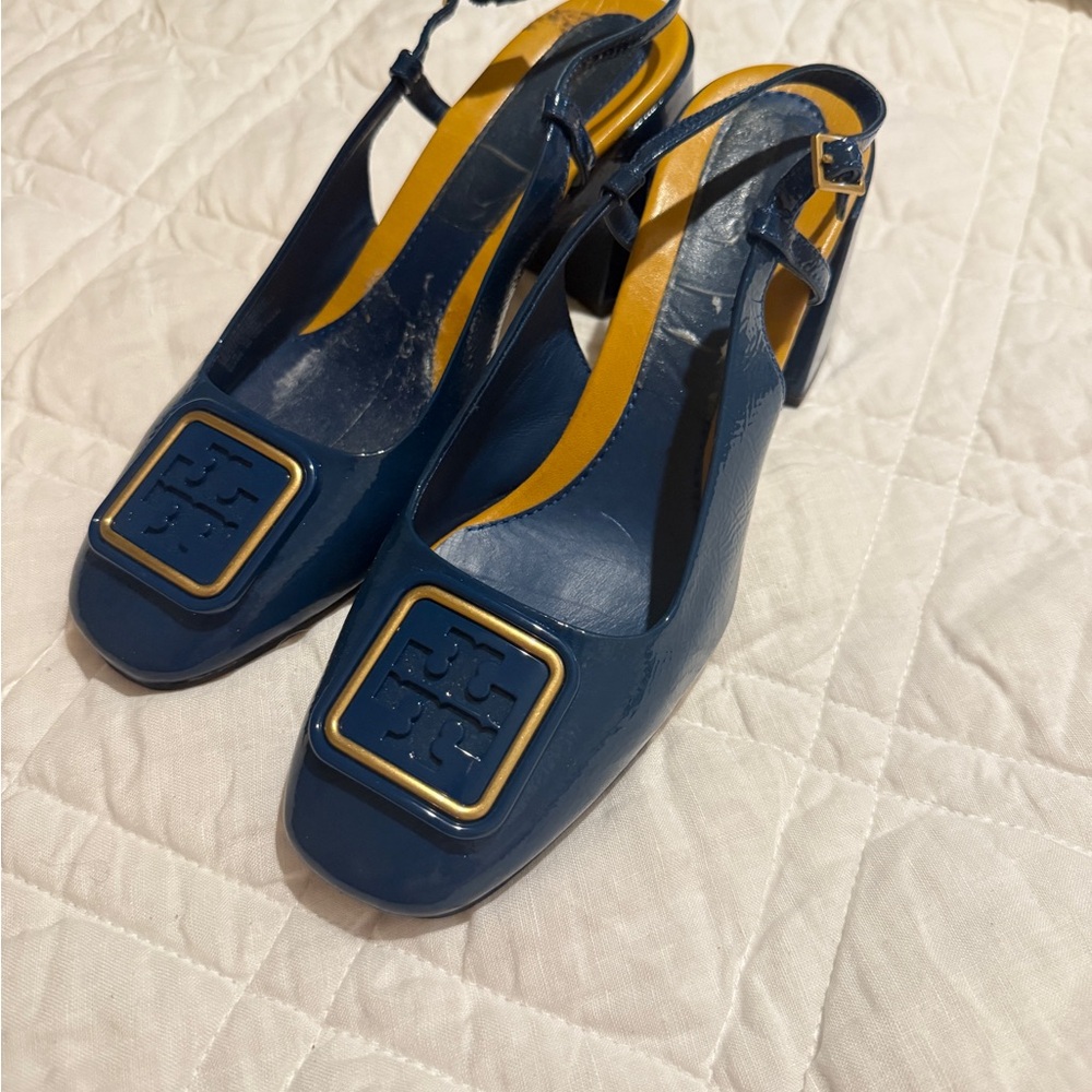 Tory Burch Blue Slingback Heels with Gold Accent